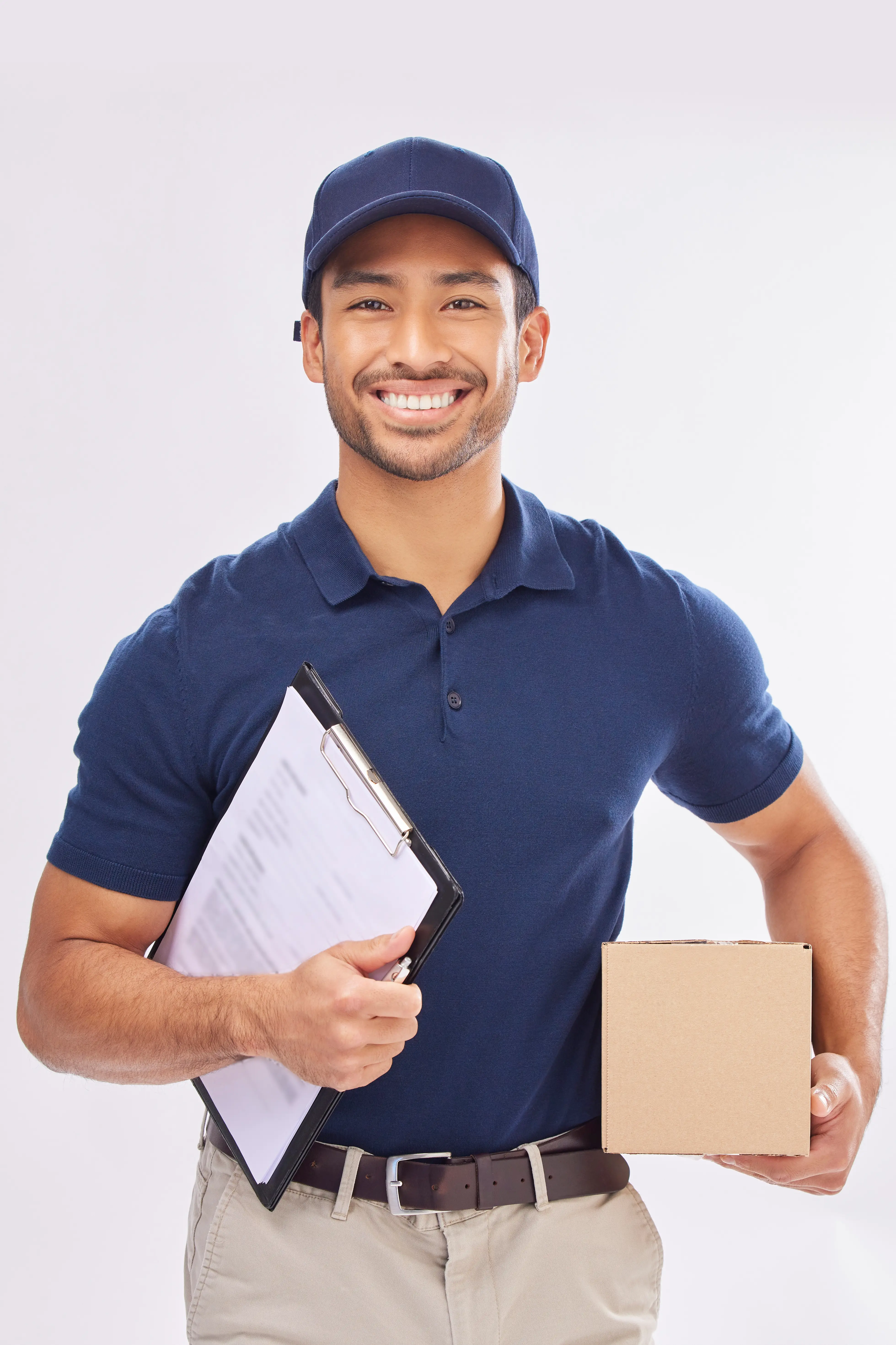 Delivery support specialist holding a moving box